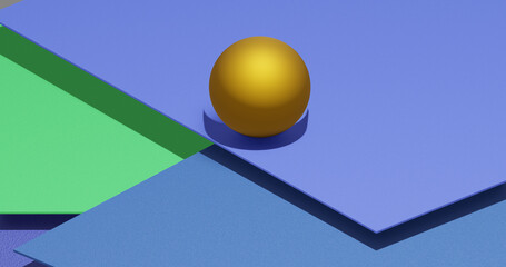Render with a composition with a golden ball on purple and green surfaces
