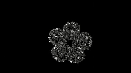 3d rendering mechanical parts in shape of symbol of cherry blossom isolated on black background