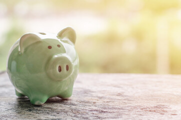 Soft green pastel piggy bank in wooden table over blur green nature background in soft light tone