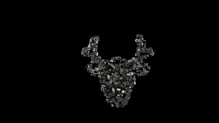 3d rendering mechanical parts in shape of symbol of Christmas reindeer isolated on black background