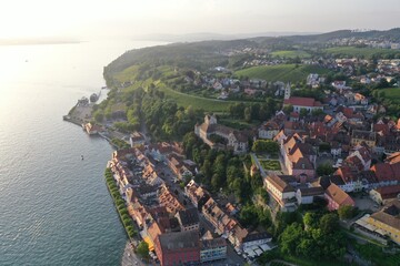 Fototapeta na wymiar Aerial drone shot of Meersburg at Lake Constance, Bade-Württemberg, Germany while sunset