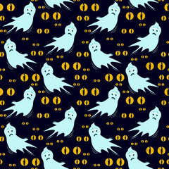 vector pattern on the theme of Halloween with ghosts and glowing eyes in the dark on a dark background