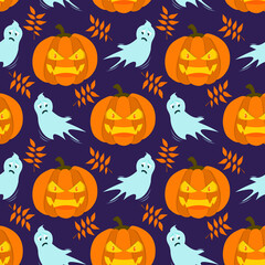 vector pattern on the theme of Halloween. Angry pumpkin with autumn leaves and ghosts on a dark purple background