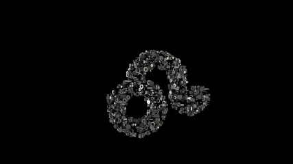 3d rendering mechanical parts in shape of symbol of Leo zodiac isolated on black background