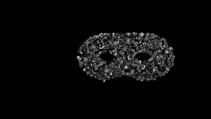 3d rendering mechanical parts in shape of symbol of mask cosmetics isolated on black background