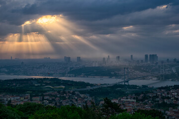 Cityscape of Istanbul with Bosphorus, skyscrapers, and 15th July Martyrs Bridge Bosphorus Bridge from Camlica hill at sunset Istanbul, Turkey