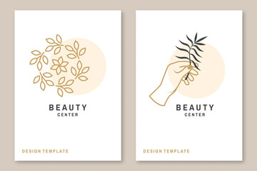 Hand with leaf logo, label, badge, sign, emblem, beauty center. Set for cosmetics, jewellery, beauty and handmade products, tattoo studios. Linear trendy style. Vector illustration. Thin line icon