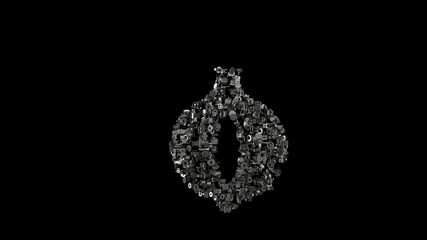 3d rendering mechanical parts in shape of symbol of onion isolated on black background