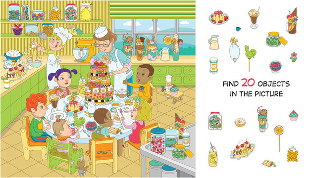 Find 20 objects in the picture. Hidden objects puzzle. Children of different nationalities are celebrating their birthday. Funny cartoon character.