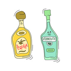 Fototapeta na wymiar tequila and vermouth with smile on white background. Cartoon sketch graphic design. Doodle style with black contour line. Cute hand drawn bottle. Party drinks concept. Freehand drawing style