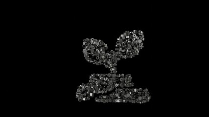 3d rendering mechanical parts in shape of symbol of plant in soil isolated on black background