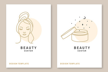 Woman face and cosmetic cream for logo, label, badge, emblem. Pretty lady wrap towel Beauty center sign for cosmetics, jewellery, beauty and handmade products, tattoo studios. Linear style. Vector