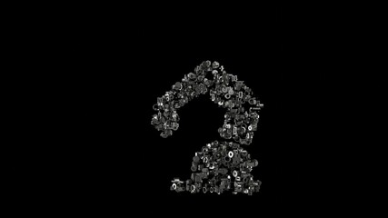 3d rendering mechanical parts in shape of symbol of robot arm isolated on black background