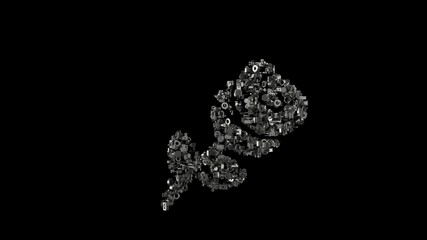 3d rendering mechanical parts in shape of symbol of rose isolated on black background