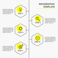 Minimalist vertical timeline infographics with 5 steps, options. Universal infographics with place for date and icons. Concept for presentation, report, workflow, strategy, start-up.