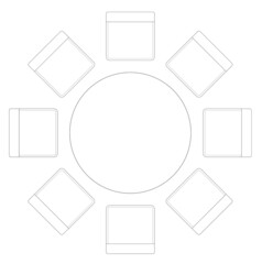 2D CAD plan drawing various sizes and designs of dining table and discussion table set complete with chairs. Drawings come in black and white. The drawing is normally drawn by an architect or interior