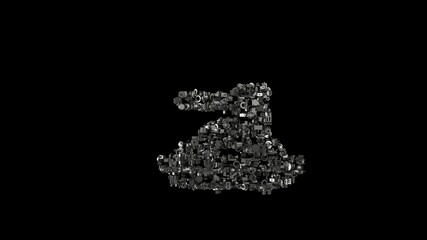 3d rendering mechanical parts in shape of symbol of spaghetti isolated on black background