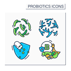 Probiotics color icons set. Bifidobacterium, lactobacillus, pills, vitamin B source. Medicine and healthcare concept. Isolated vector illustrations