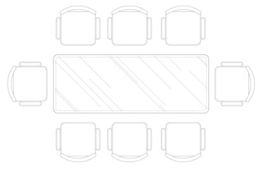2D CAD plan drawing various sizes and designs of dining table and discussion table set complete with chairs. Drawings come in black and white. The drawing is normally drawn by an architect or interior