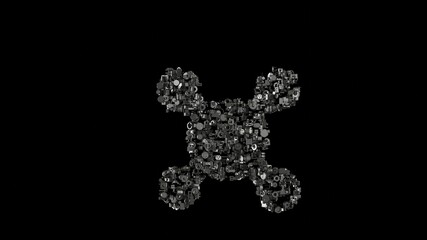 3d rendering mechanical parts in shape of symbol of sulfate isolated on black background
