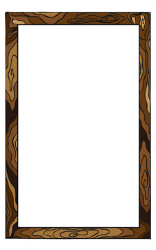 Painted wooden frame, rectangular frame with a pattern of tree rings of a tree trunk, floral ornament in brown colors. For presentation design, greeting cards, furniture design. Isolated on white.
