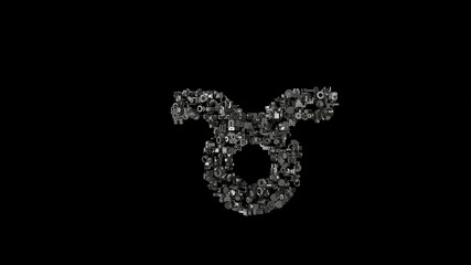 3d rendering mechanical parts in shape of symbol of taurus zodiac isolated on black background