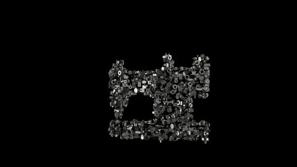 3d rendering mechanical parts in shape of symbol of vintage sewing machine isolated on black background