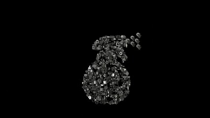 3d rendering mechanical parts in shape of symbol of water spray isolated on black background