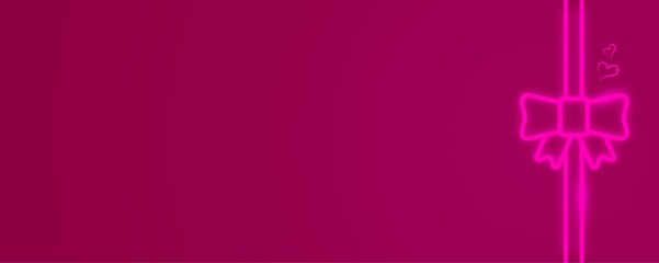Holiday pink background with glowing gift bow and ribbon. Pink banner template for gift event or promotion.