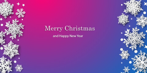 Christmas background of paper snowflakes with soft shadows, white on blue and purple background