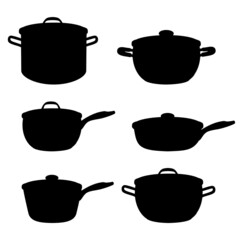 Pans, pots and saucepans isolated on white background. Vector