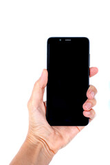 Close view of a woman hand holding a cell phone on a white background.