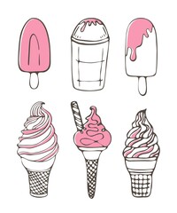 Set of ice cream icons vector doodle illustration. Kids summer collection of sunblind and in cone isolated on white