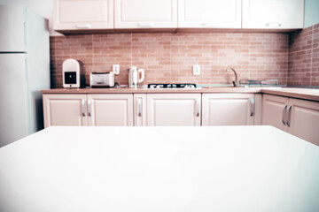 Cozy bright kitchen interior with wooden furniture