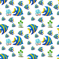 Fototapeta premium World Ocean Day,Seamless pattern ,of marine life, Ocean Animals,Mariner ,Underwater multicolored seamless pattern.Seaworld watercolor background with cute turtle,seahorse,coral reef,seaweed,anchor.
