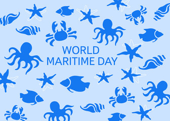Color hand drawn digital jpg print for the holiday Maritime Day. Underwater world pattern. Fauna. Fish. Seashells. Octopus. Design template for poster, card