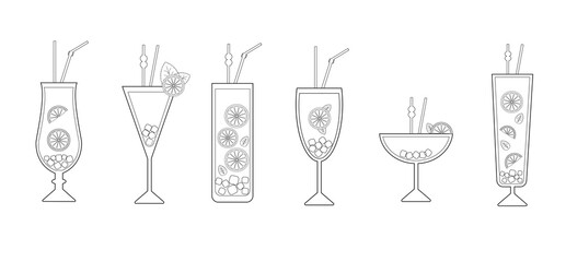 Hand drawn icon illustration. Set of cocktail icons with lime and mint.