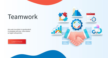 Teamwork concept. Handshake, puzzle, teamwork, innovations, calendar, optimization icons. Business partnership banner. Web vector illustrations in 3D style