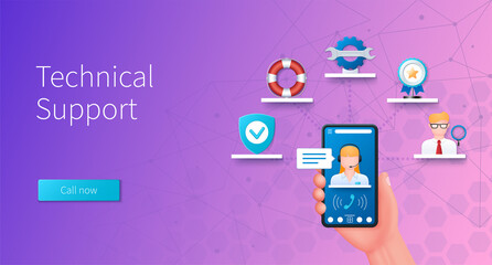 Technical support banner. Support, guarantee, service, quality icons. Web vector landing page template in 3D style