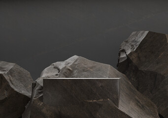 Black stone podium for display product. 3d illustration