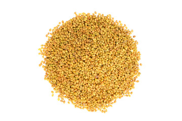 Melilotus officinalis seeds isolated on white background, top view. Pile of sweet clover seeds isolated on white background. Seeds of sweet clover yellow, white isolated on white background, top view.