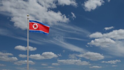 3D, North Korean flag waving on wind. Close up of Korea banner blowing soft silk