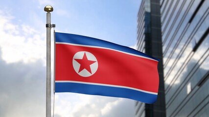 3D, North Korean flag waving on wind. Close up of Korea banner blowing soft silk