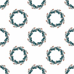 Pattern with a wreath of branch, blue leaves and red berry, isolated on a white background.