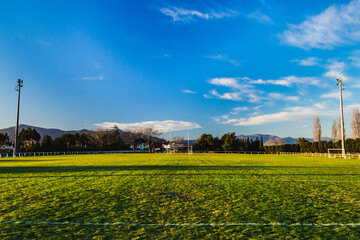 Football field in the morning sunlight (blue sky) © zkcristian
