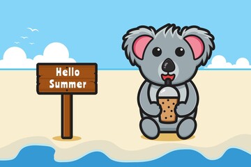 Cute koala drink boba with a summer greeting banner cartoon vector icon illustration