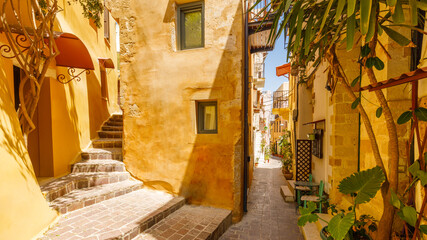 romantic alley in the old town of Chania on the island of Crete, Greece