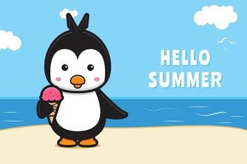 Cute penguin and ice cream with a summer greeting banner cartoon vector icon illustration