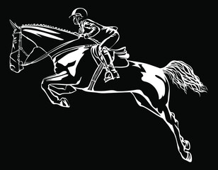 A rider on a horse overcomes an obstacle, drawing in white on a black background, show jumping, world competitions, olympics.