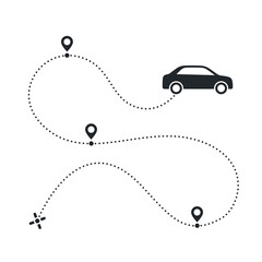 flat vector illustration isolated on white background, path with location icons and car icon, travel by car or driving route